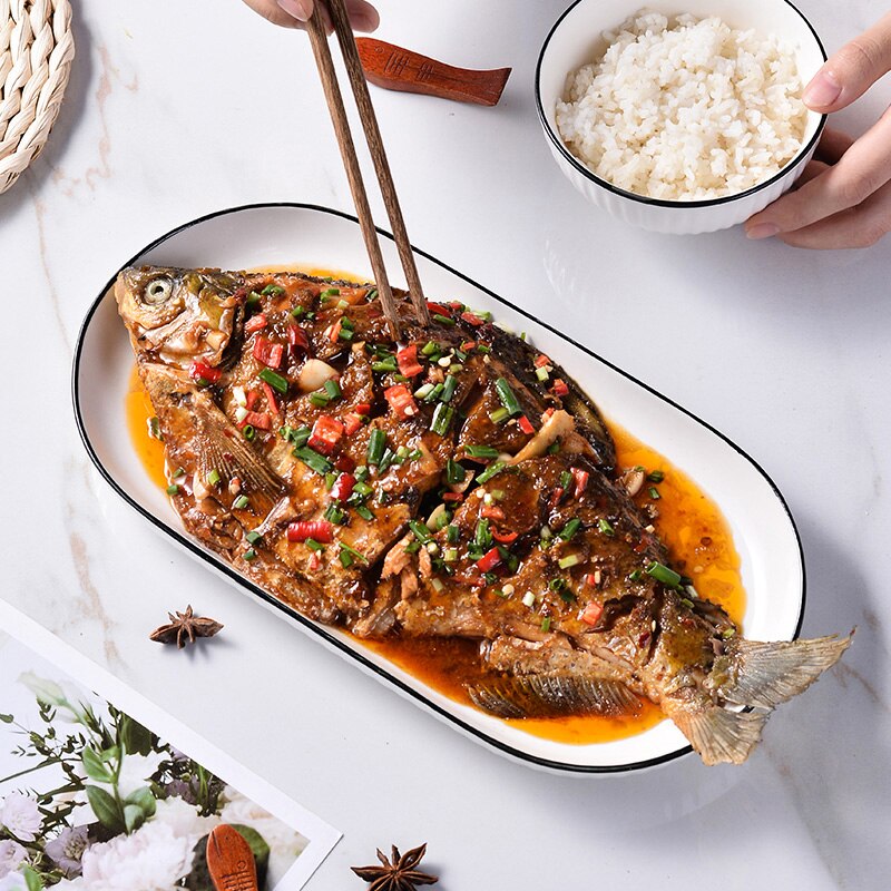 Household Ceramic Steamed Fish Plate, Large Fish Plate, Light Luxury Dish, Dinner Plate, Oval Fish Dish