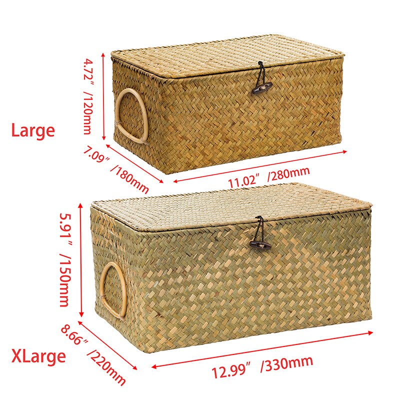 Wicker Basket Natural Seagrass Storage Basket with Lid Handwoven Storage Box Rattan Sundaries Organizer Multipurpose Container