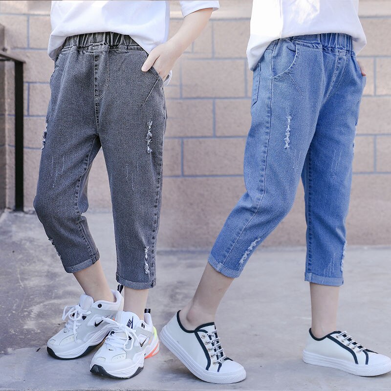 Pantalones vaqueros rasgados para niñas y adolescentes, Jeans sueltos de Color gris y azul, ropa informal con agujeros, X167, novedad de verano