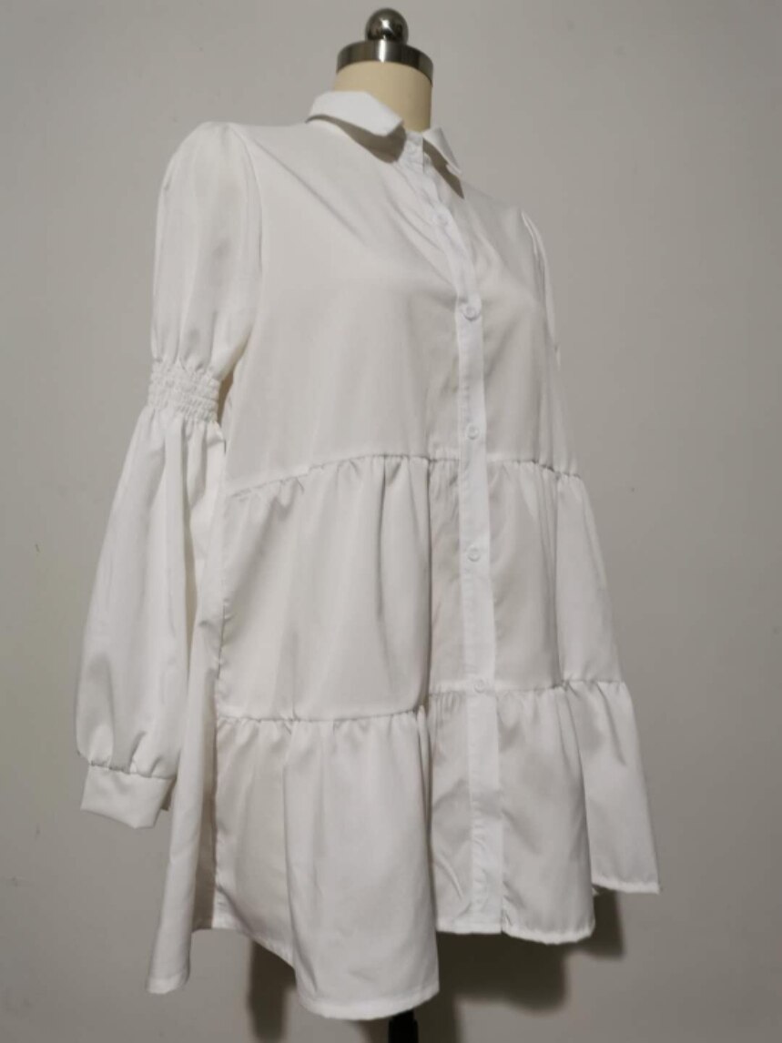 Vestido corto informal de manga larga para otoño, minivestido blanco con volantes para mujer, botones, cuello vuelto