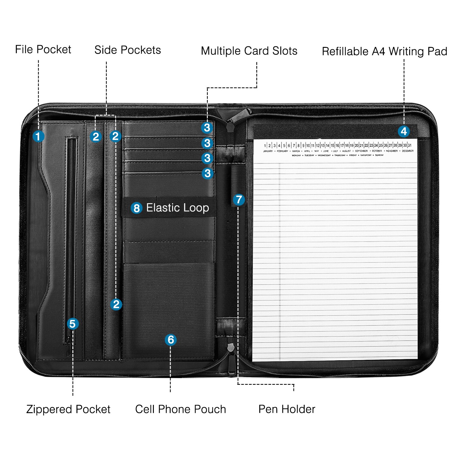Carpeta portafolio de cuero con cremallera, organizador de documentos para entrevistas profesionales con funda para tableta de 11 pulgadas para ipad