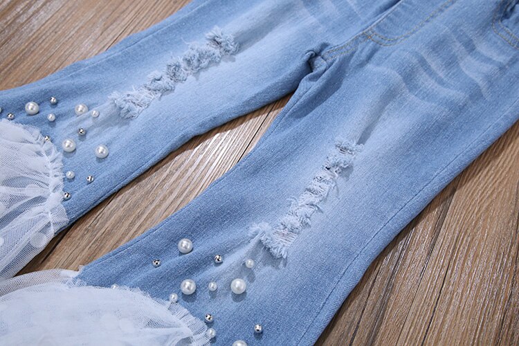 Pantalones de mezclilla para niñas, pantalones de encaje de retales de primavera , pantalones vaqueros para niños, pantalones con volantes para niñas, pantalones de tela vaquera con corte de bota