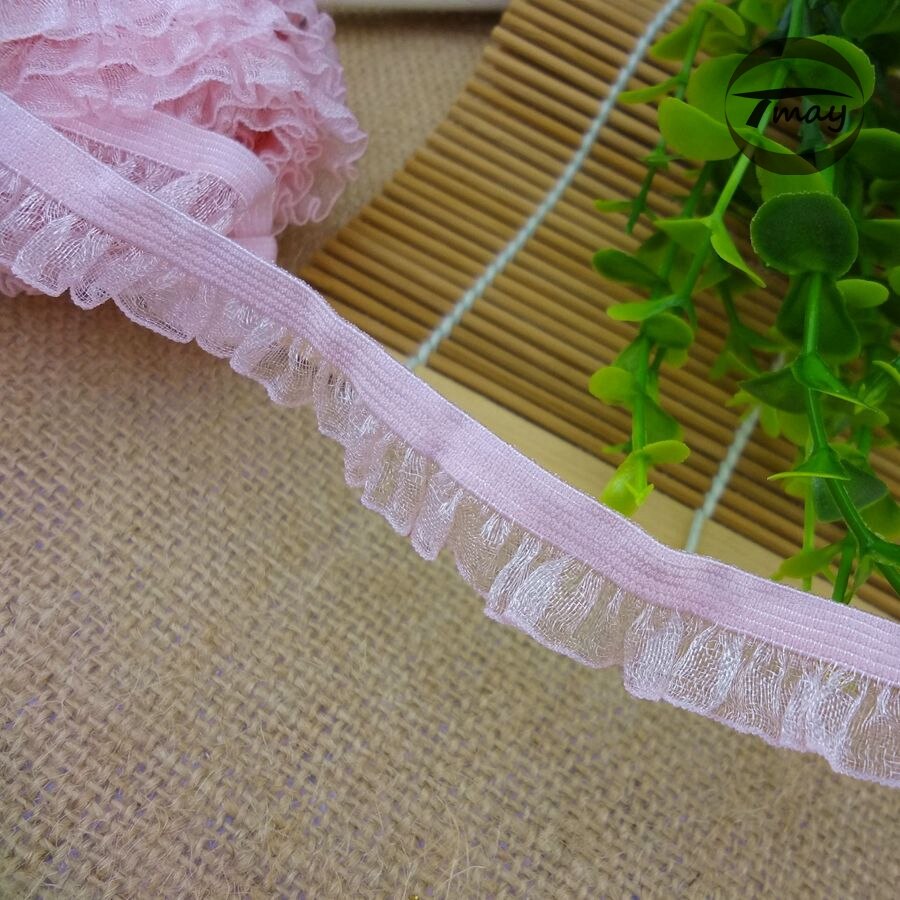 #1020 roze ruche kant trim 13mm 6 yards/lot elastische kant Vouw Chiffon Garen Kant haar Elastische bands Gaas Ruches DIY Kleding