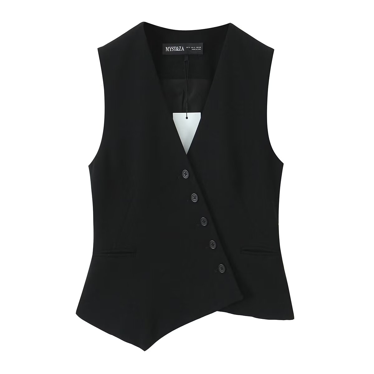 TFMLN nouvelles femmes printemps été gilet asymétrique femme col en v mince gilet de transport haut sans manches boutons noir blanc vêtements d'extérieur: L / Black