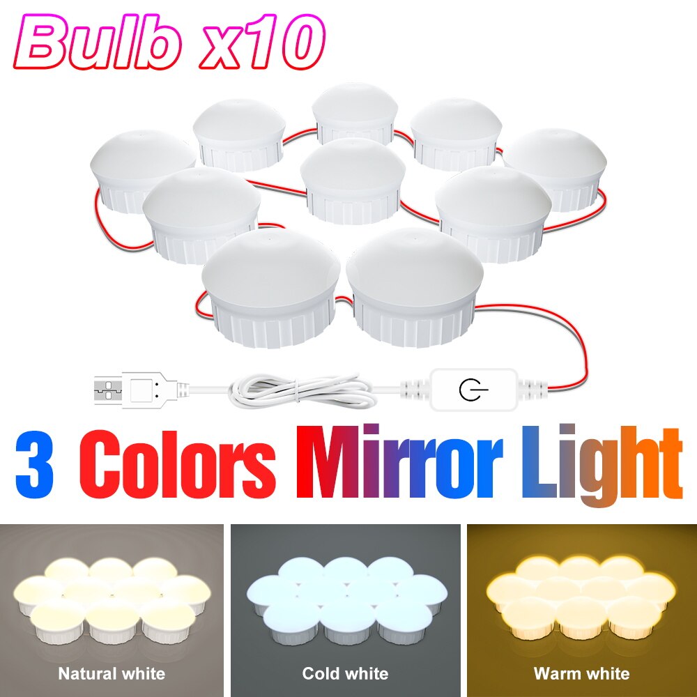 3 Colors LED Dressing Table Wall Lamp USB Hollywood Makeup Mirror Light 12V Bathroom Vanity Toiletries Lighting Bulb Kit 6 10 14: 3 Colors 10 Bulbs