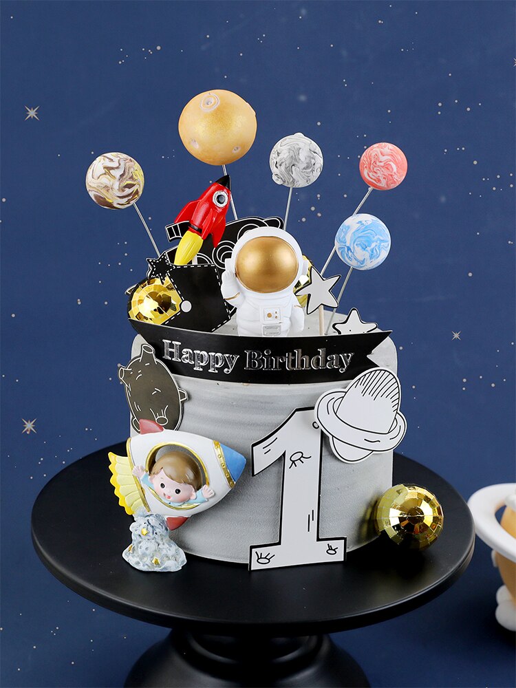Universe Stars Rocket Astronaut Maan Gelukkige Verjaardag Brief Decoratie Cake Topper Dessert Voor Kinderen Dag Mooie