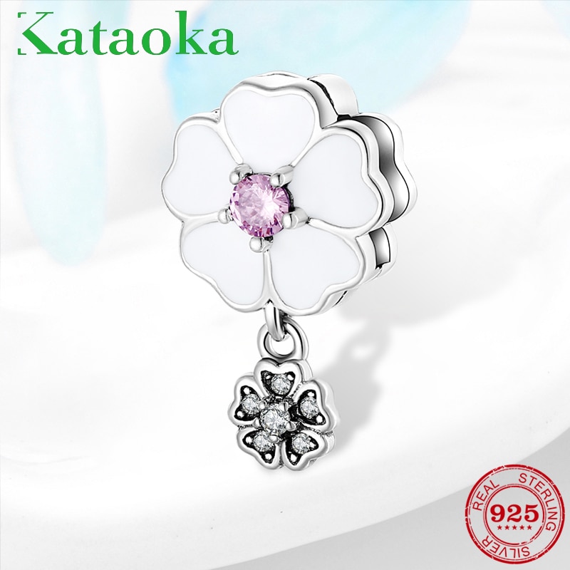 Fairy tale Beautiful White dahlia and pink Enamel 925 Sterling Silver Beads Clips Fit Original Reflection Bracelet Fine Jewelry