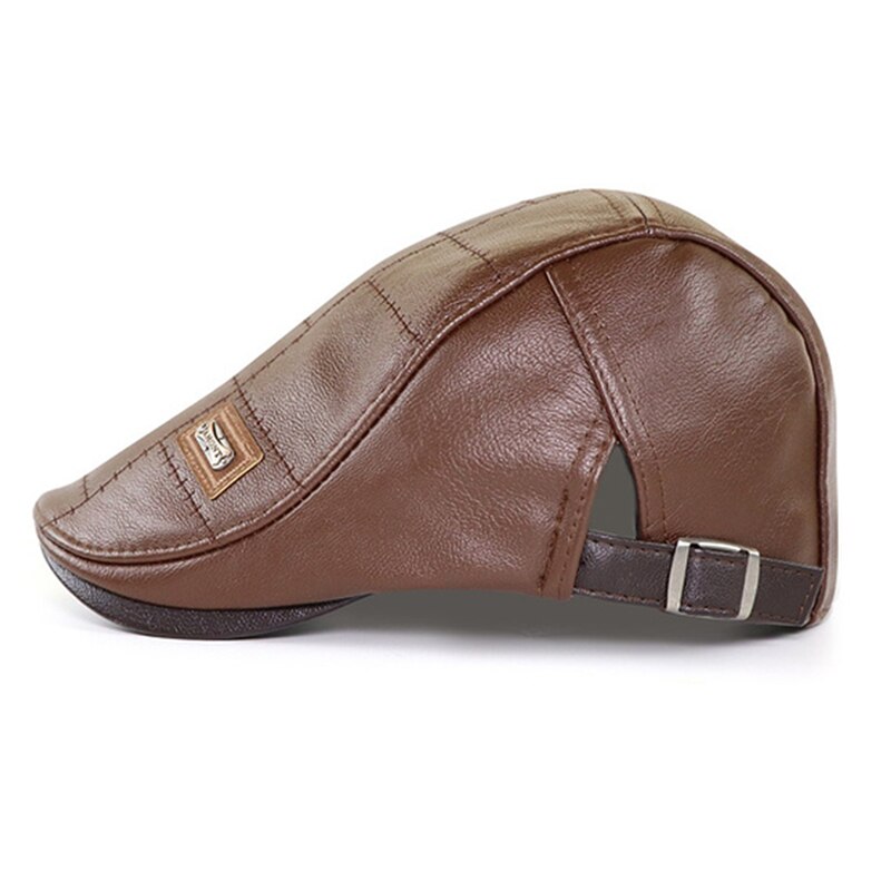 Béret en cuir PU pour homme, Casquette coupe-vent, chapeau plat de printemps, , sangle latérale: Light coffee Style1