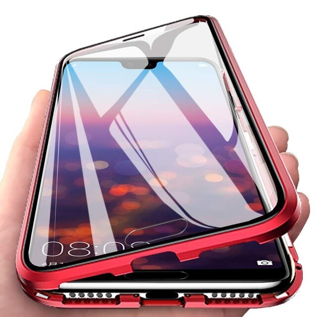 Adsorpcja magnetyczna etui na telefony dla Huawei Y6P Y7P szkło hartowane metalowa obudowa przednia i tylna szkło dla Huawei Y8P Y9S pokrywy skrzynka: For Huawei Y6P / Czerwony
