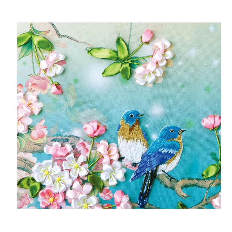Flor pájaro seda cinta bordado 3D lienzo pintura satén punto de cruz kit artesanía de costura DIY home dec pegatina de pared
