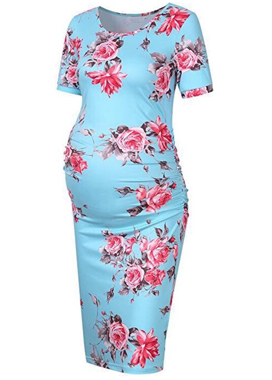 Summer Casual Women Short Sleeve Pregnant Maternity Dress Knee Length Flower Maternity Clothes Pregnancy Dress
