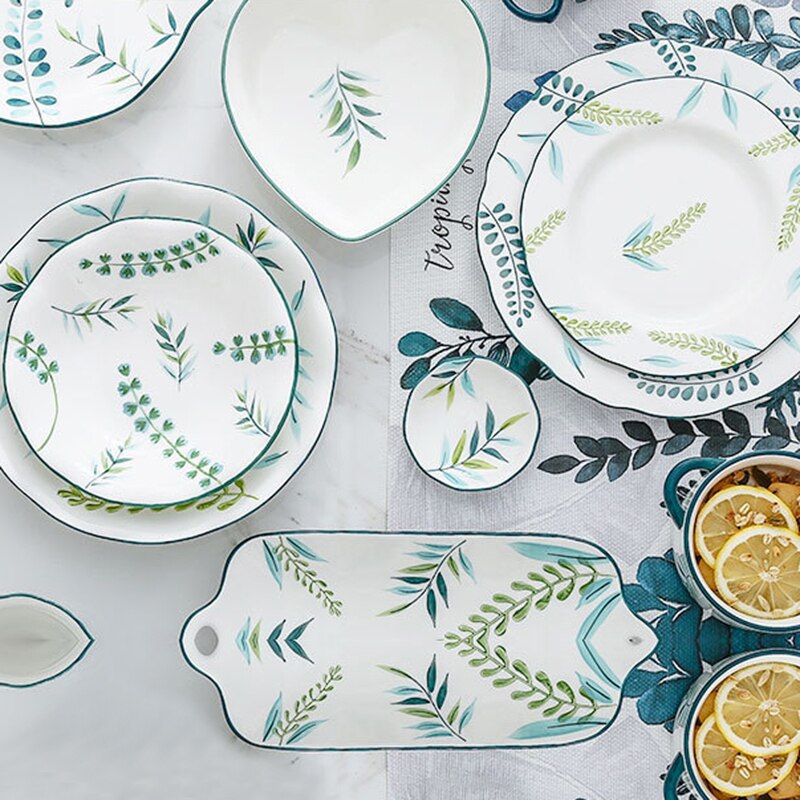 Porcelain Dinner Plate Set Round Green Plants Dish Sets Ceramic Cake Dessert Plate Bowl Mug Cups Dinnerware Decorative Flatware