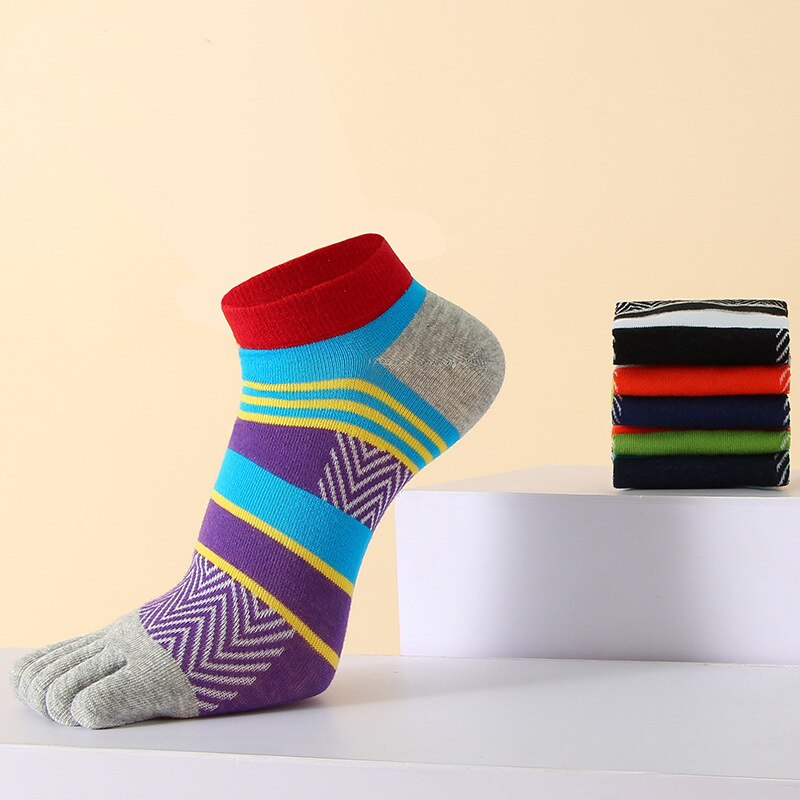 5 Pairs Bright Color Ankle Five Finger Socks Man Cotton Striped Patchwork Mesh Breathable Street No Show Socks With Toes
