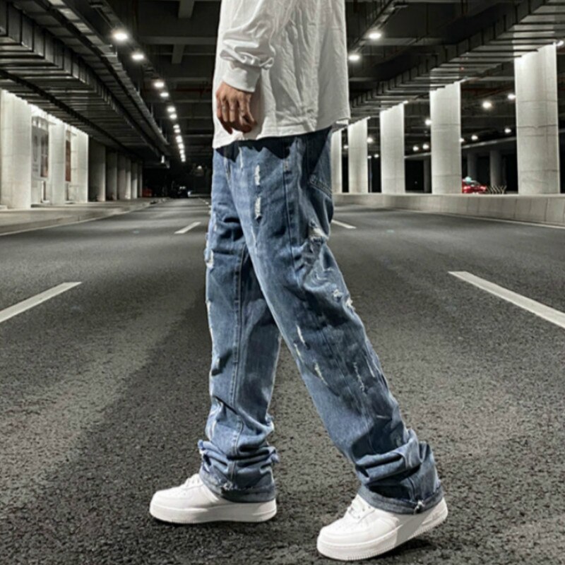 Hommes Denim Flare pantalon Patchwork déchiré trous pantalons décontractés automne hiver Streetwear Hip Hop pantalons longs Joggers jean