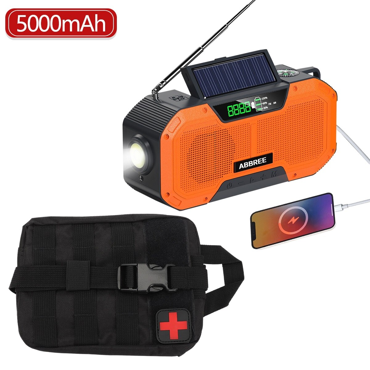 ABBREE IPX5 Waterproof Auto Scan Emergency Radio Solar Hand Crank Portable AM/FM radio 2000mAh/5000mAh with Flashlight: as pic 1