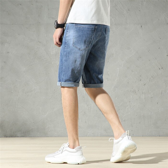 Summer Blue Denim Jeans Shorts Men's Straight Siml Fit Micro Elastic Business Casual Jeans Brand Clothing,TN327