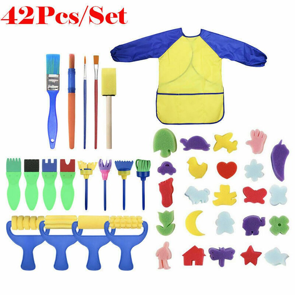 42PCs Children Sponge Paint Brushes Kits Sponge Painting Brush Tool Set for Children Kids Drawing Tools Children Early Painting
