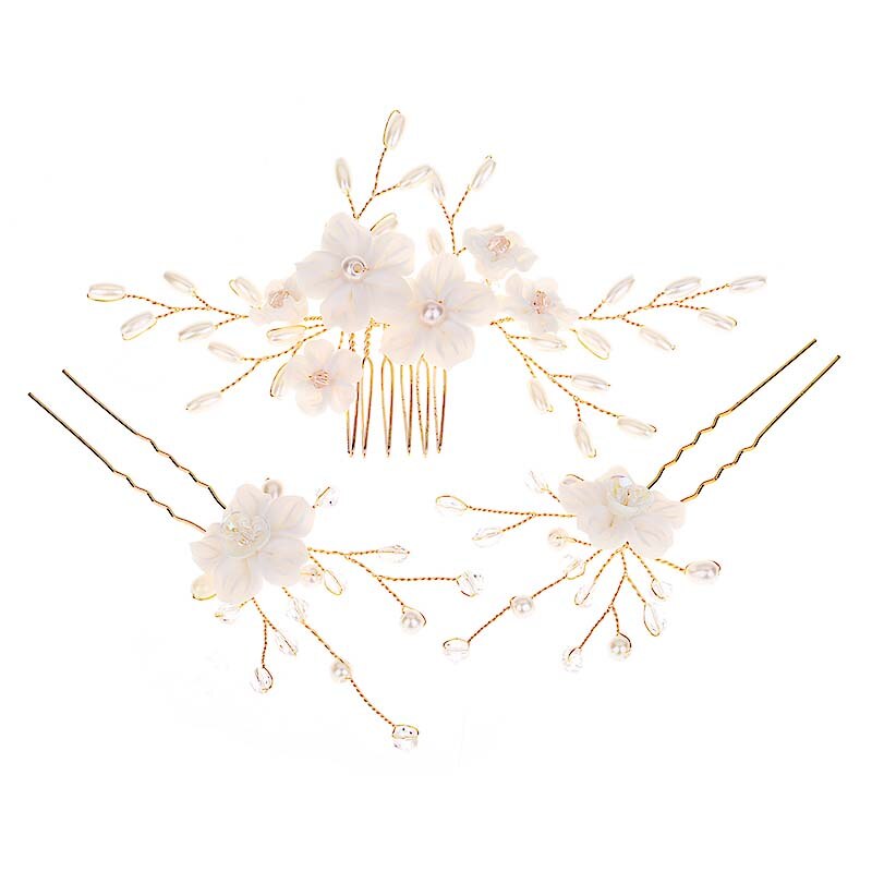 GETNOIVAS splendidi fiori bianchi perle bastoncini per capelli pettine per capelli da sposa perni per capelli clip Set accessori per capelli da sposa Set SL