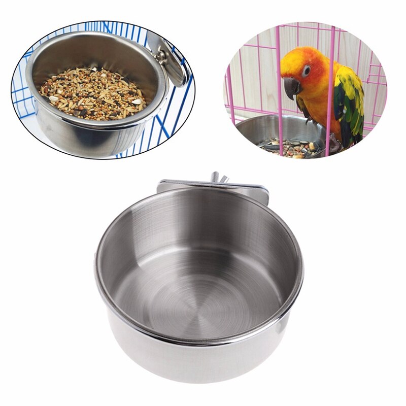 Feeder Bowl Cups Bird Parrot Feeding Cage Hanging Bowl Stainless Steel With Clamp Bird Cage Accessories