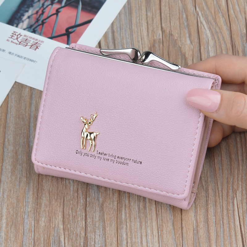 Cute Wallets Leather Women Wallets Short Wallet Student Coin Purse Card Holder Ladies Clutch Bag Small Deer Female Purse: Pink