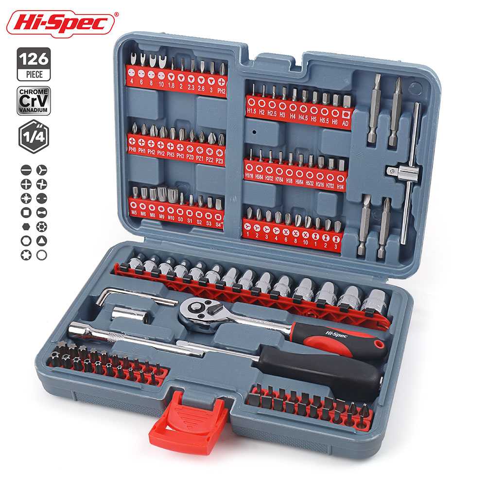 Hi-Spec 126pc Mechanics Car HandTool Set Ratchet Wrench Socket Set for Auto Motorcycle Repair with Plastic Toolbox Storage Case: Default Title