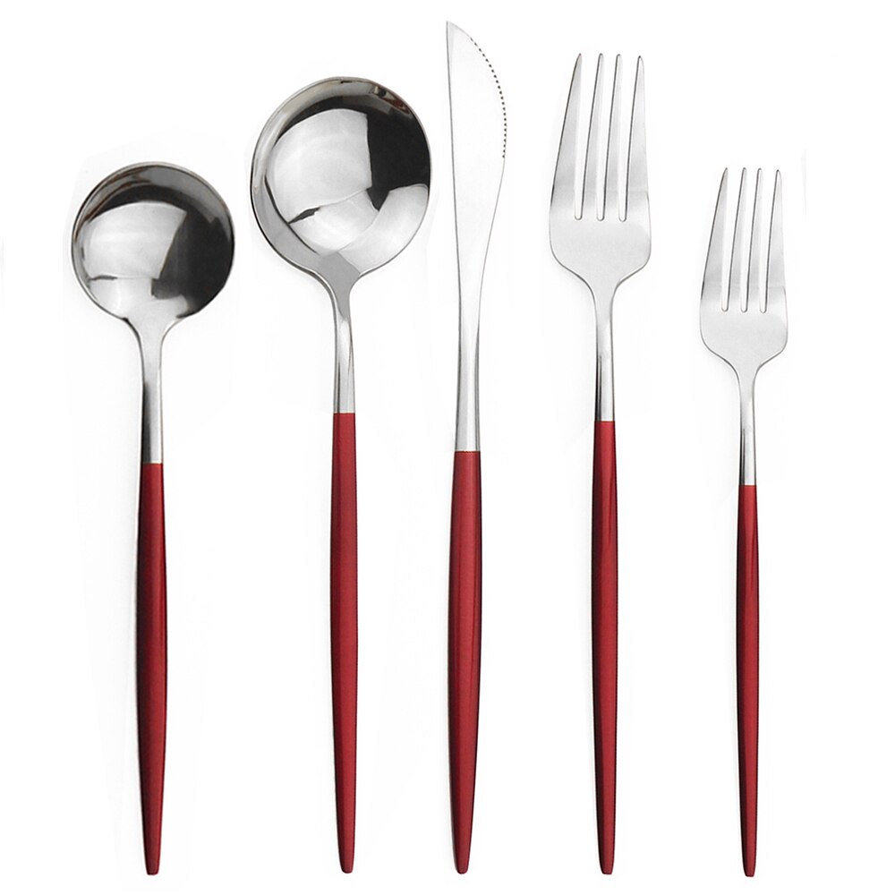 20 st färgglada bestick set guld bestick set dessert gaffel sked 304 rostfritt stål servis set glänsande kök servis set: Rött silver