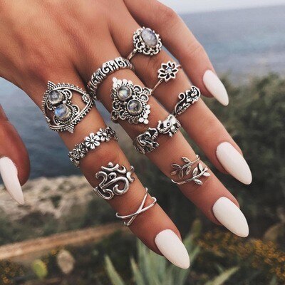 Bague Femme Vintage Ringen voor Vrouwen Boho Geometrische Bloem Crystal Knuckle Ring Set Bohemian Midi Vinger Sieraden Zilveren Kleur: Set11 Elephant Lotus