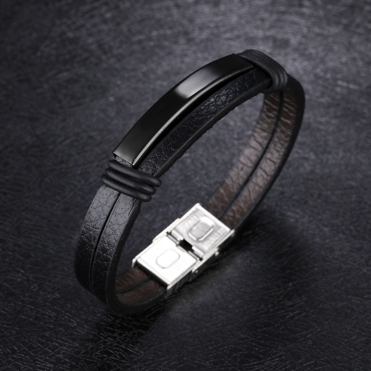 brazalete cruzado clásico de acero inoxidable y cuero de lujo para hombre: black