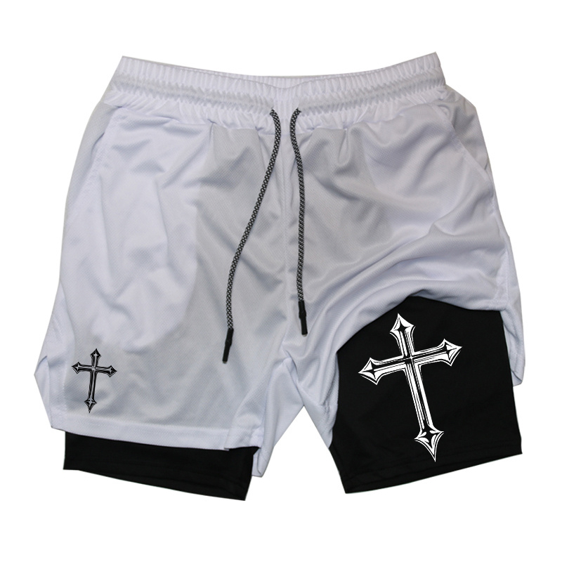 Cross Print 2 in 1 Workout Running Shorts for Men Christian Gym Athletic Shorts with Compression Liner Phone Pocket Towel Loop: XXXL / Blue