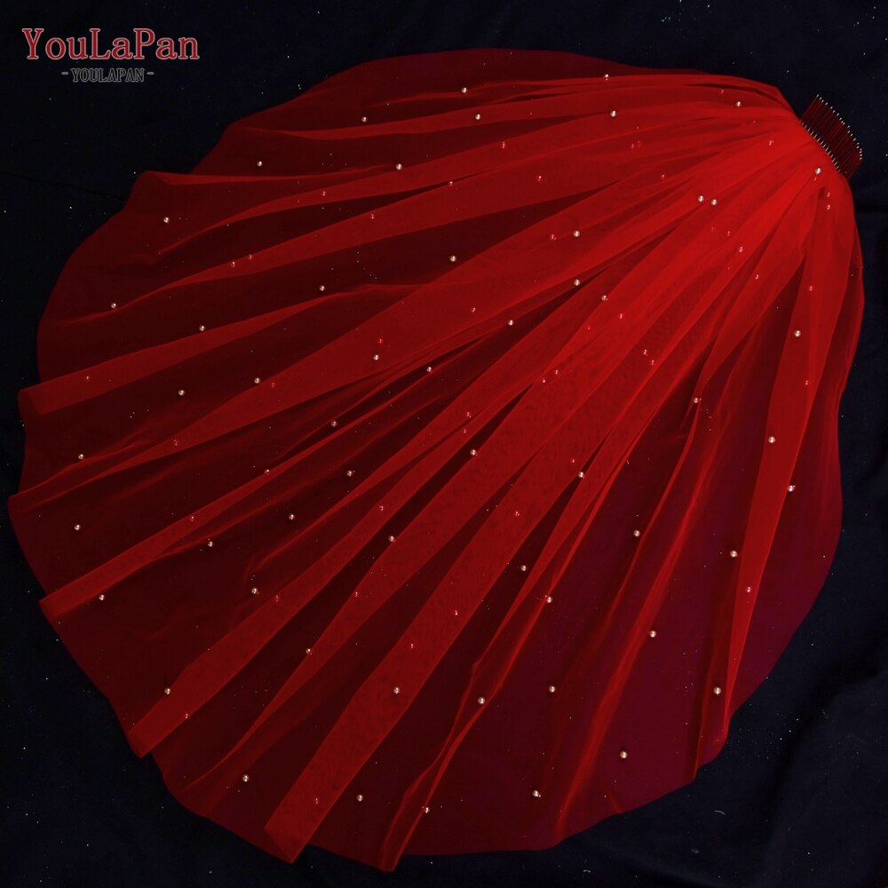 YouLaPan V89 Bridal Veil Red Coloured Bridal Veil Indian Bridal Red Veil with Pearl Cathedral Veil Wedding Baroque Bridal Veil: 500cm