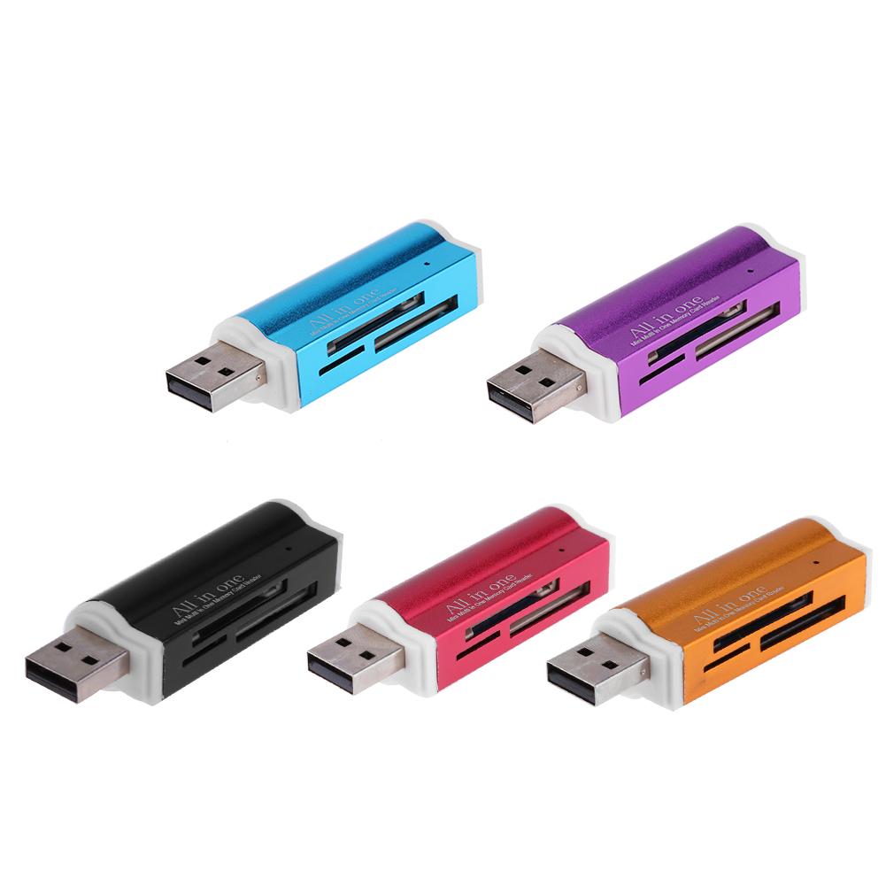 Leitor de cartão de memória usb2.0 1 peça, 4 em 1, liga de alumínio, leitor de cartão sd/sdhc/mini sd/mmc/tf