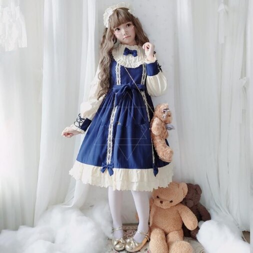 Vintage Palace robe victorienne bleu doux Kawaii Lolita robe à manches longues nœud papillon princesse gothique Lolita Op Loli Cos bandeau