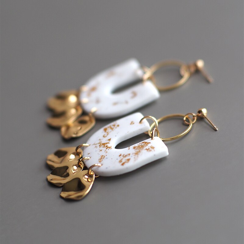 Handmade Gold Foil Abstract Pattern Polymer Clay Earrings Geometric Dangle Pendant Statement Art Earrings