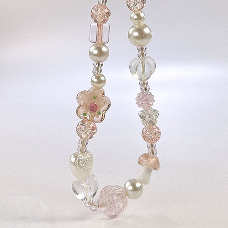 Cute Glass Bowknot Flower Bead Phone Strap Charm Chain Knot Cellphone Lanyard Keychain Girl Bag Camera Pendant for Airpods Case