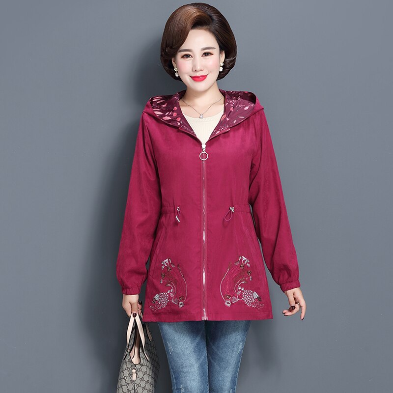 Women Trench Coat Spring Autumn Print Thin Female Both Sides Wear Overcoat Middle Aged Mother Hooded Windbreaker W1873