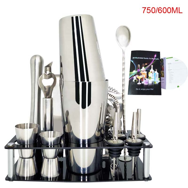 Premium Shaker Barware Set - 13 Pieces Bartender Kit Includes shaker , rack, spoon, pourer, straw & ice tong Cocktail Shaker: 600750ML ZhonRack