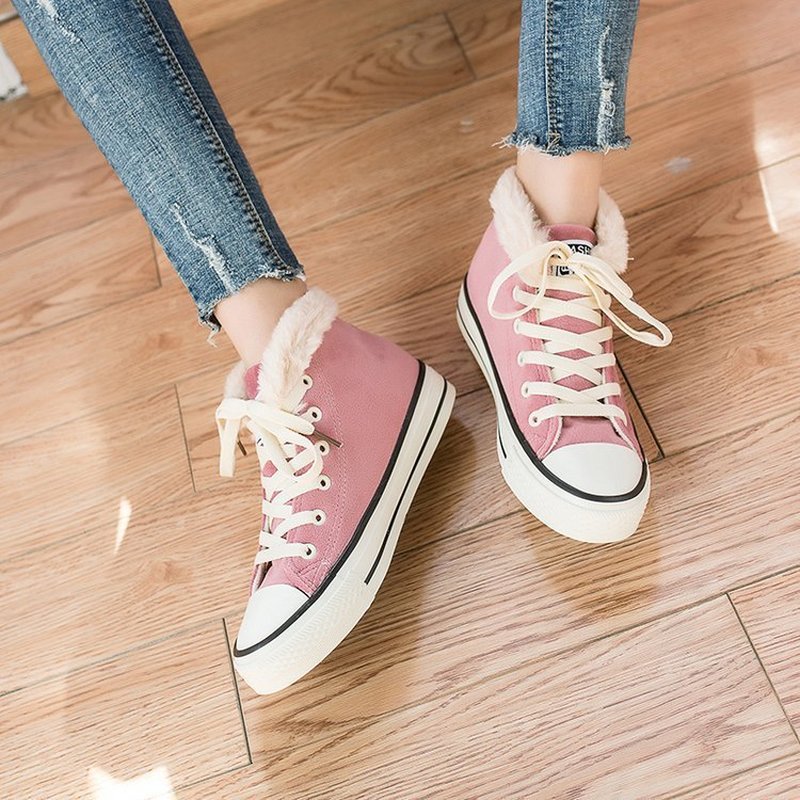Winterschoenen dames platform sneakers trending dames effen kleur kort pluche zwart roze hoog top sport grote maat