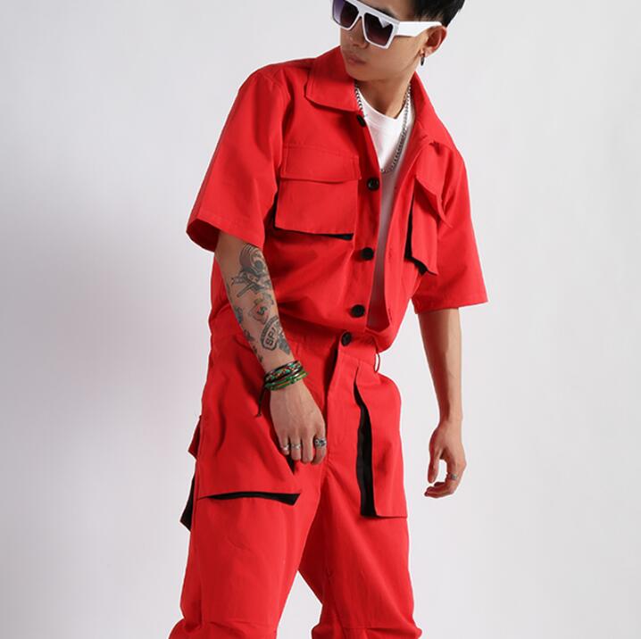 Mono de algodón rojo de una pieza para hombre, mono de manga corta con herramientas retro Para club nocturno, traje de cantante