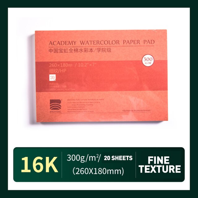 Watercolor Pad Paper, 100% Cotton 20 Sheets, 140lb/300gsm, 32K 16K 12K Glue Bound, Acid-Free, Art Sketchbook Wet &amp; Dry: 16k HP