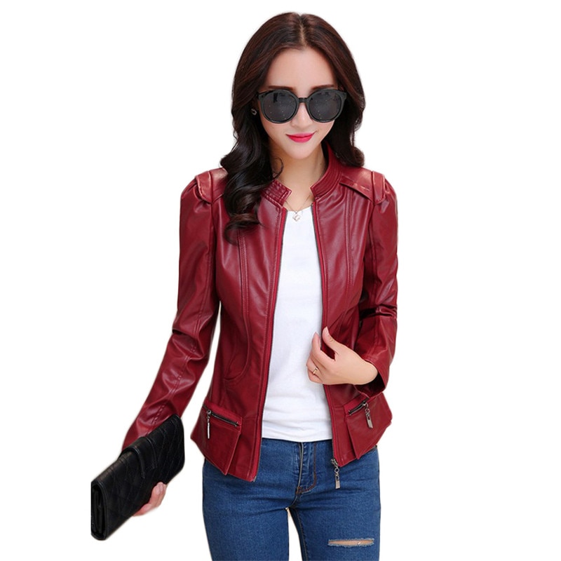 Chaqueta de piel sintética para mujer, abrigo ajustado de talla grande, rojo vino, negro, Coreano corto, para moto, LD1298, primavera y otoño,
