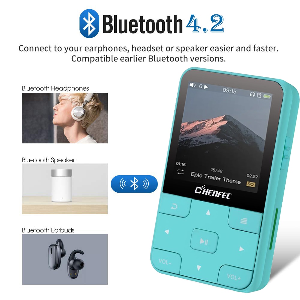 Clip MP4 Speler Bluetooth4.0 Lossless Muziekspeler 16GB met Stappenteller FM Radio Voice Recorder Ondersteuning SD up tot 128G