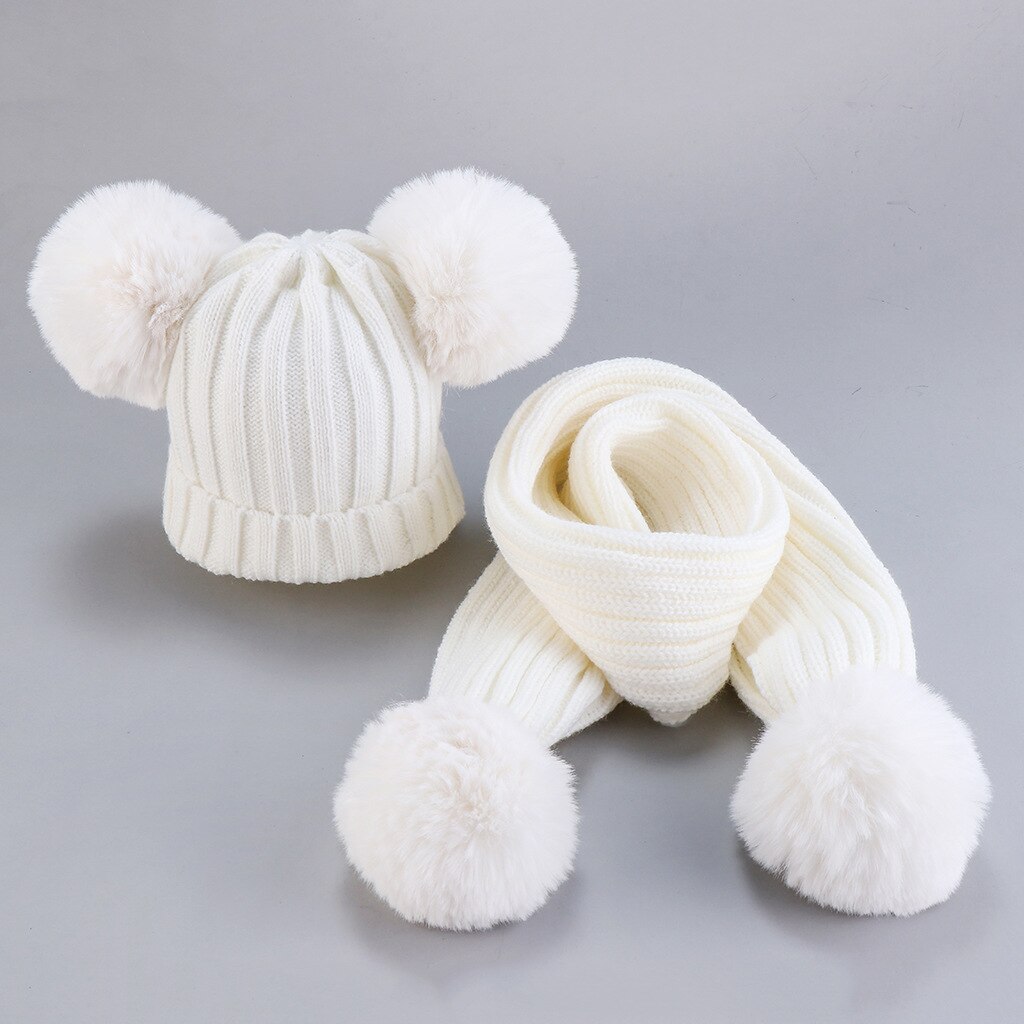 0-3Years Infant Baby Girls Boys Accessories Kids Ribbed Knitted Hats Scarf 2PCs Set Winter Warm Caps Solid Fuzzy Balls Beanies: White