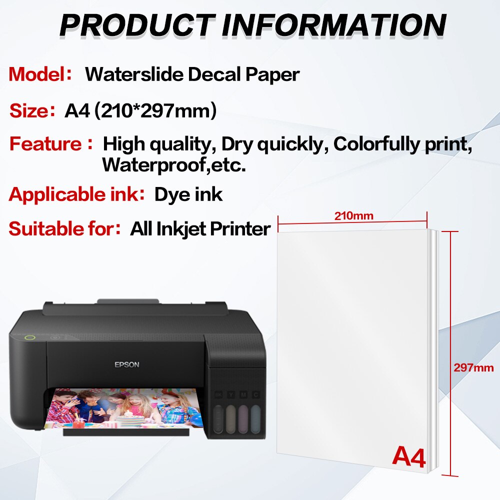 Inkjet Water Slide Decal Transfer Paper A4 10/20 Sheets Transparent Waterslide Decal Paper for Inkjet Printer DIY Nails Cups