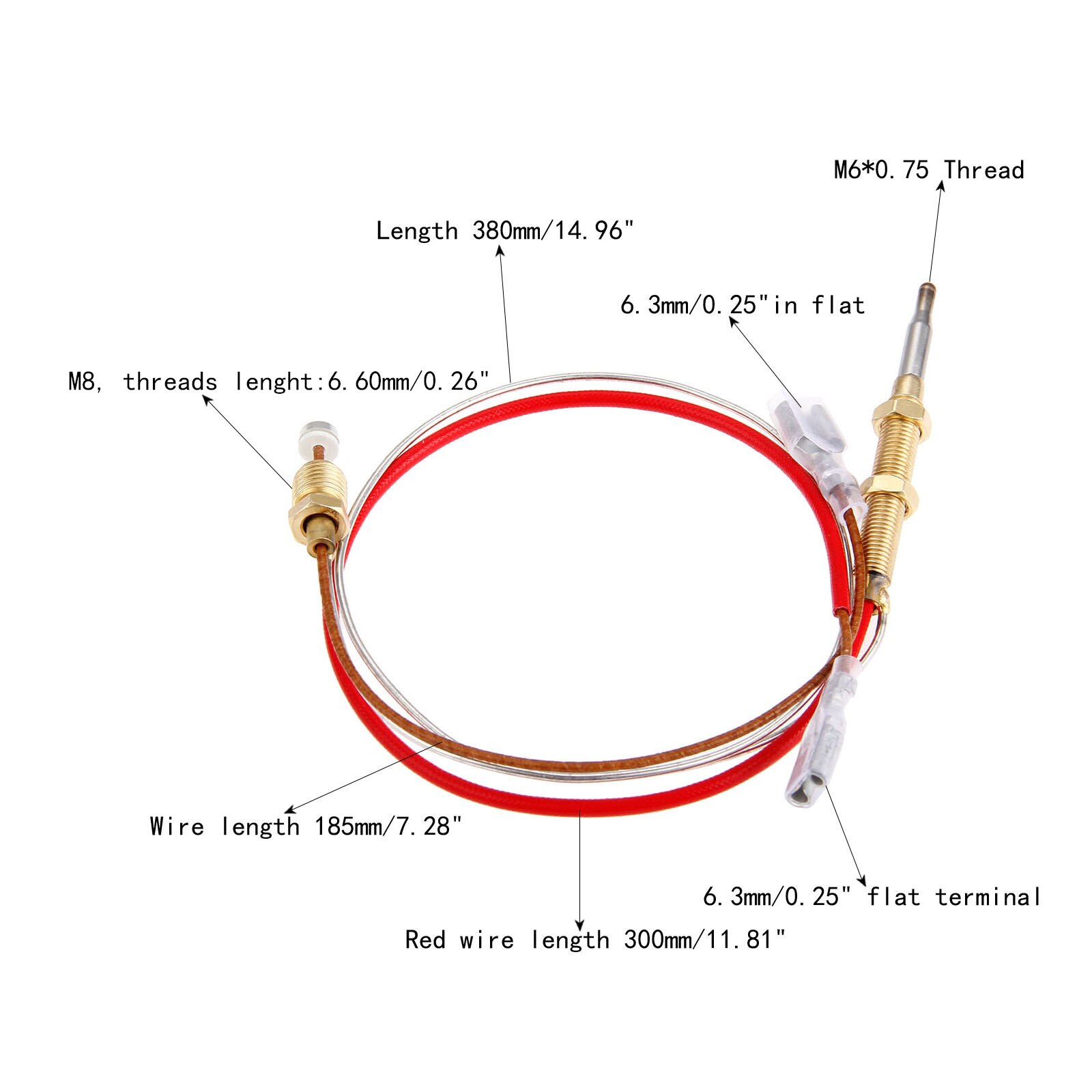 16" Replacement Thermocouple for Gas Furnace Boiler and Water Heater Heater Thermocouple Assembly with M6*0.75 Thread On Head