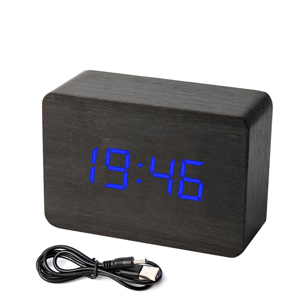 Houten bamboe led digitale wekker klok despertador moderne temperatuur bureauklok led elektronisch: Zwart houtblauw