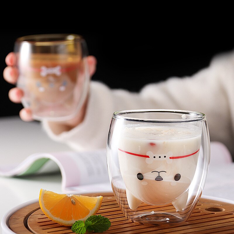 Dubbellager kaffemugg söt shiba inu glas tecknad barnmjölkkopp dam mjölk tekopp nät röd shiba inu kul glas