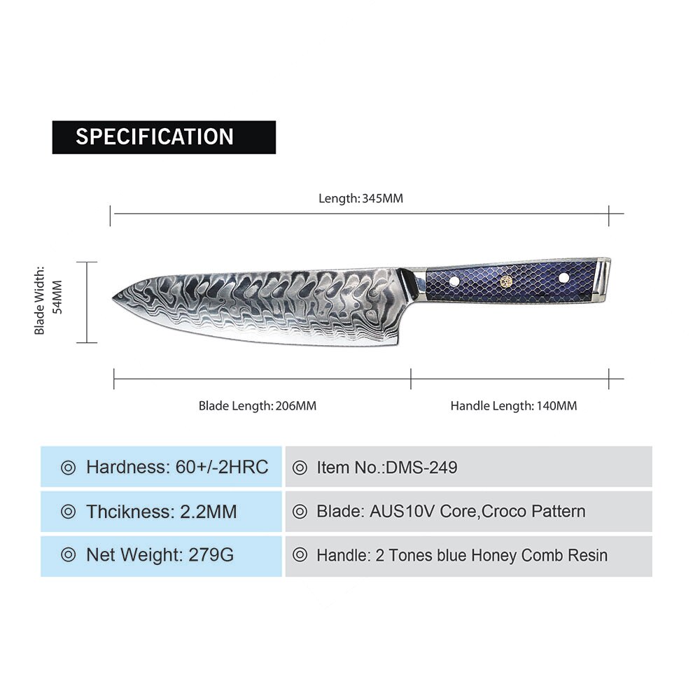 AMBER AUS10V Core Croco Pattern Knife With 2 Tones Blue Honey Comb Resin Chef Cleaver Kiritsuke Nakiri Santoku Ultral Sharp Cook