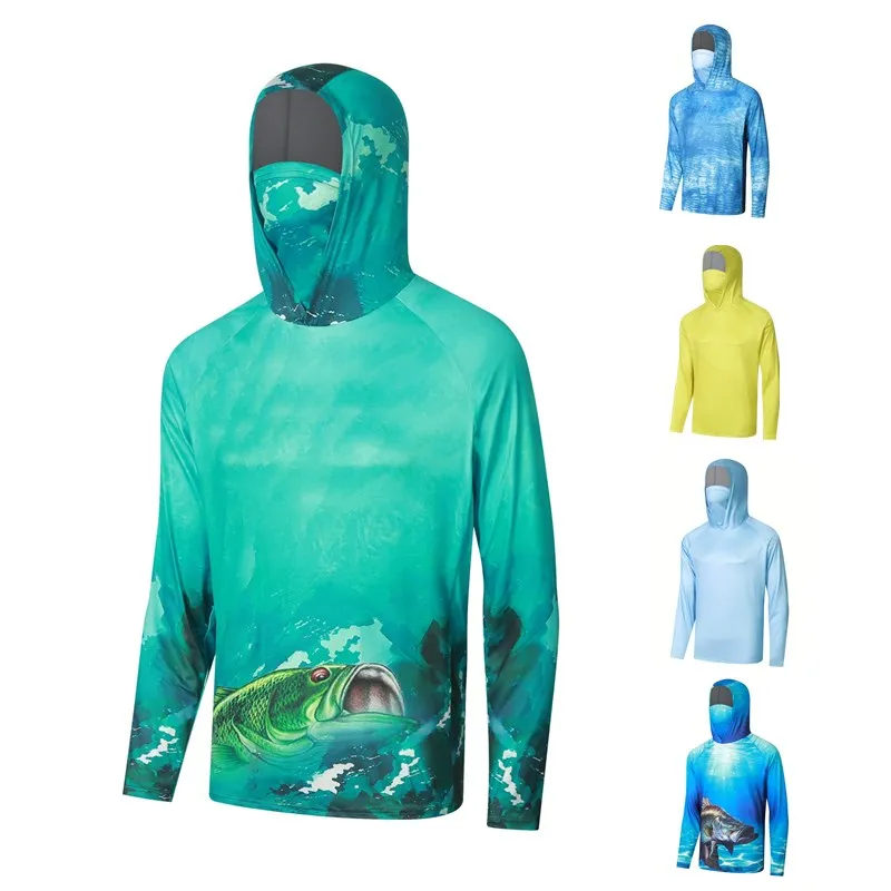 Camisas de pesca masculinas com capuz, roupas de camuflagem manga comprida, camisetas com proteção solar, verão