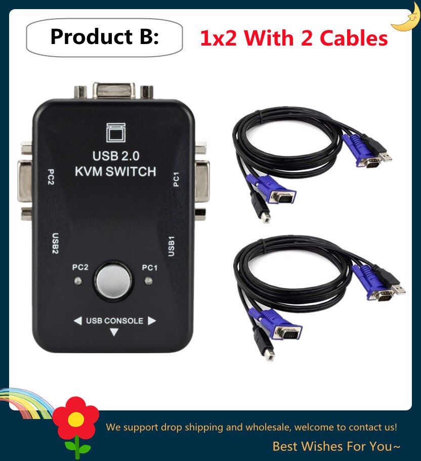 2/4 Port USB2.0 KVM Switch Box For Mouse Keyboard Printer Share Switcher 200MHz 1920x1440 VGA Monitor Switch Box Adapter: 2 Ports With CABLE