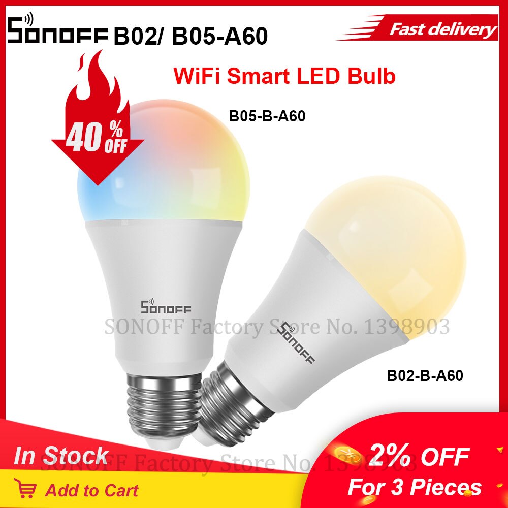 SONOFF-bombilla LED inteligente para el hogar, luz regulable con Wifi, Control remoto por aplicación, funciona con Alexa, B02-B-A60/ B05-BL-A60/ B05-BL-A19